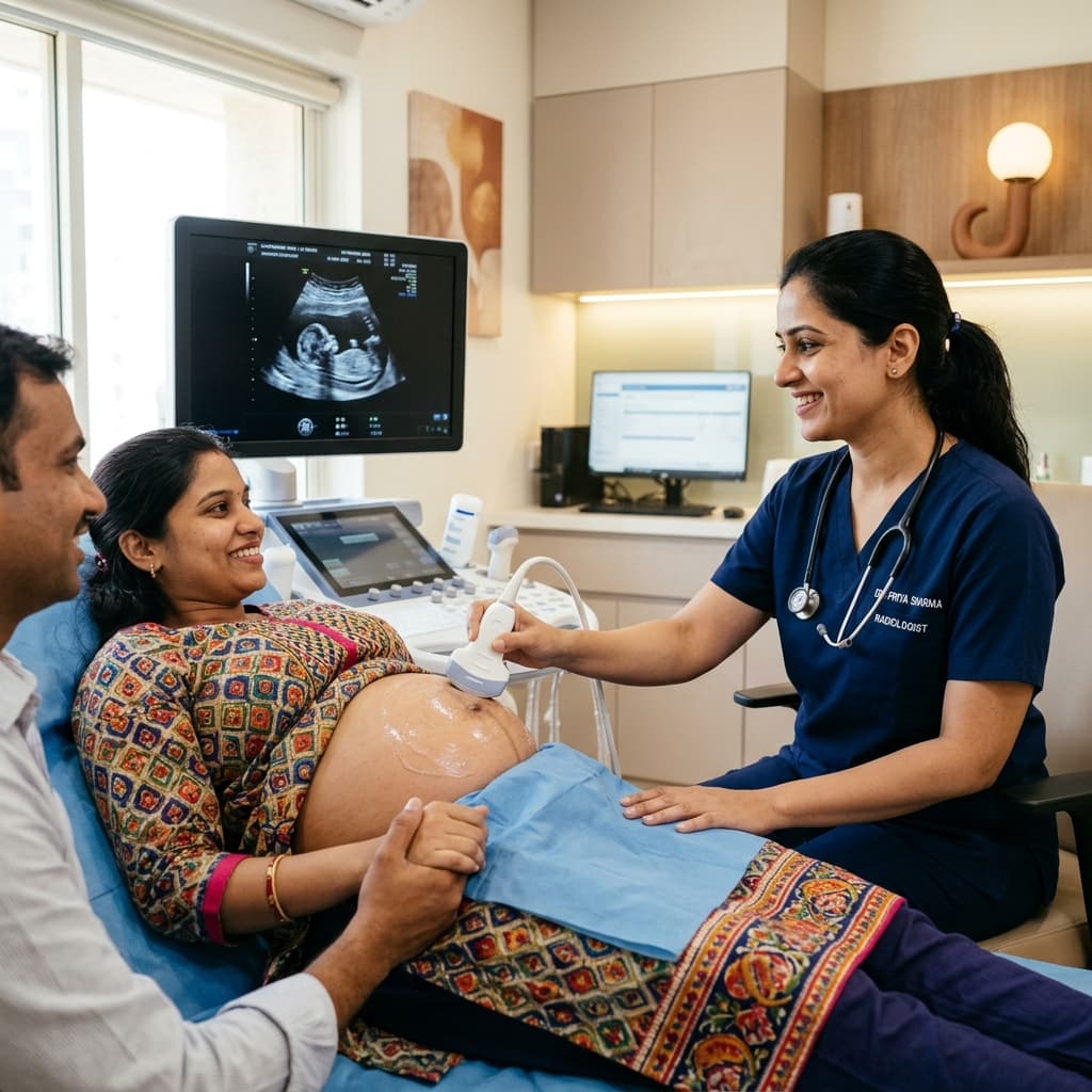 Ultrasound scan being performed on a patient in a clean, modern room at P. R. Polyclinic